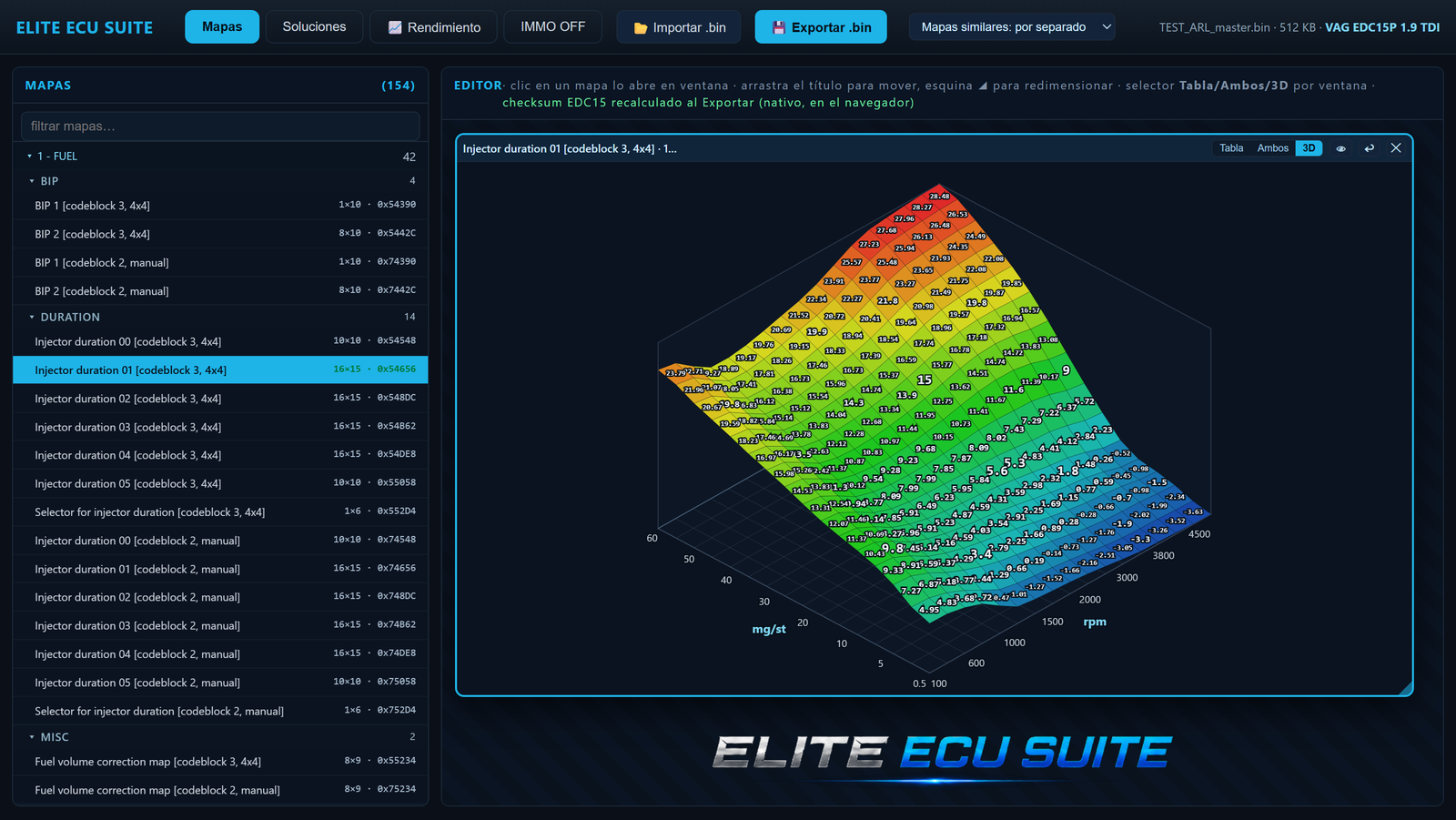 ELITE ECU SUITE — editor de mapas con vista 3D